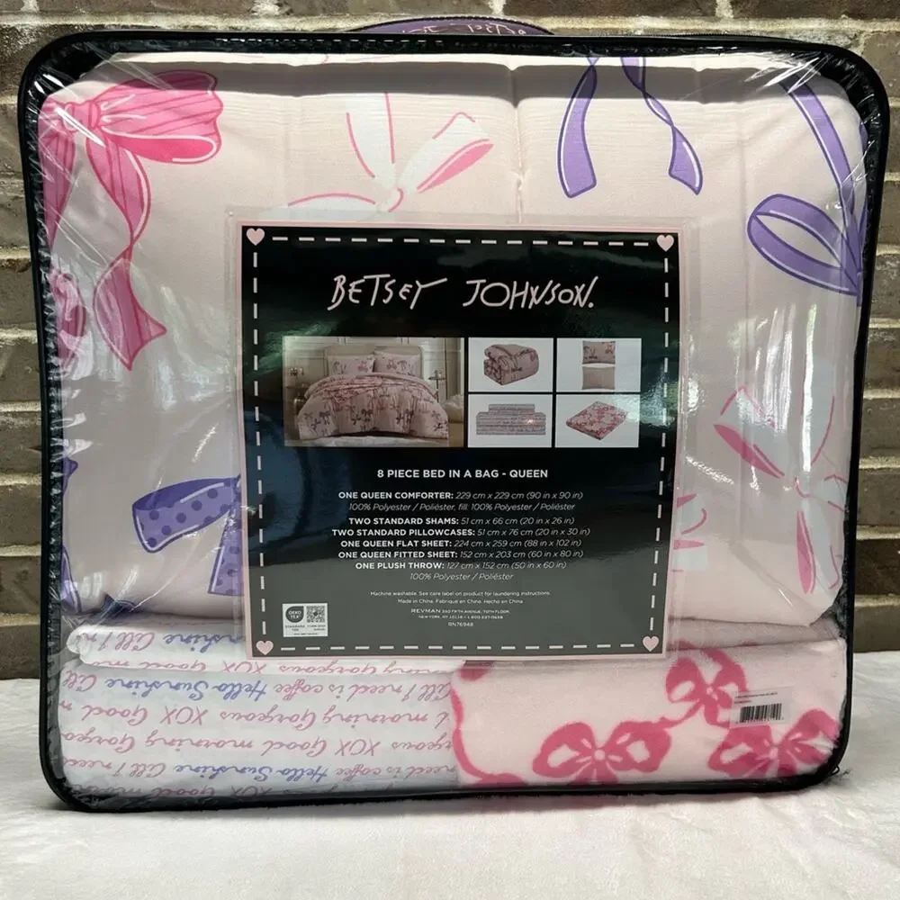 Betsey Johnson Comforter 8 Piece Set Sheets Throw Queen Pink Bows & Ribbons NEW